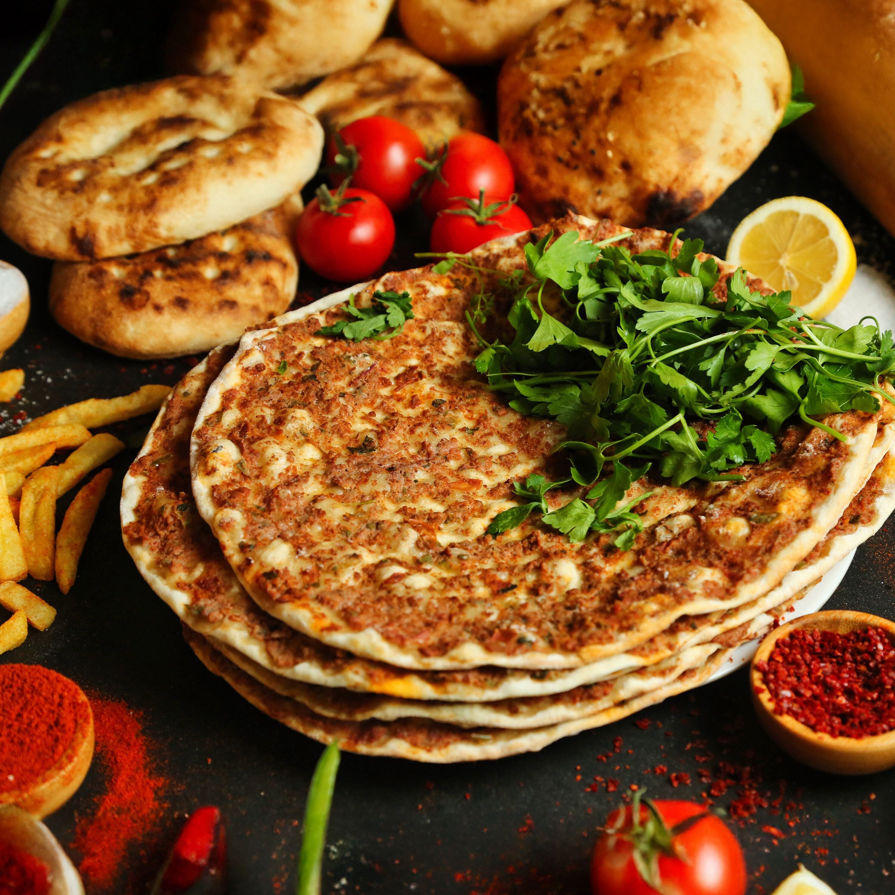 Turkish Lahmacun With Parsley and Side Dishes