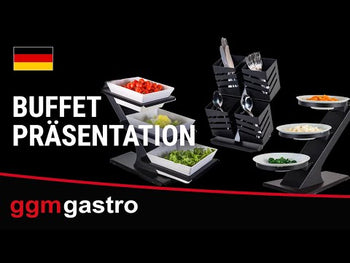 Стойка за бюфет - инокс и меламинова - хром - правоъгълна - Височина:412mm - вкл. 18 меламинови купи 140x140mm - с 3 нива